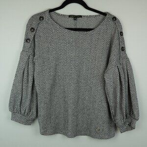 Adrienne Vittadini Women's Blouse Chevron Balloon‎ Sleeve Top Black White Medium